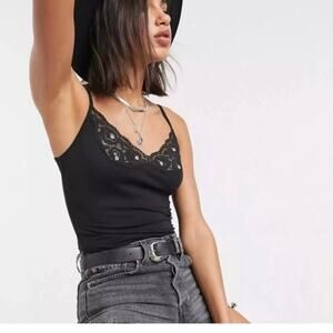 Free People Side of Sass Black Lace Trim Boho Layering Bodysuit size XS